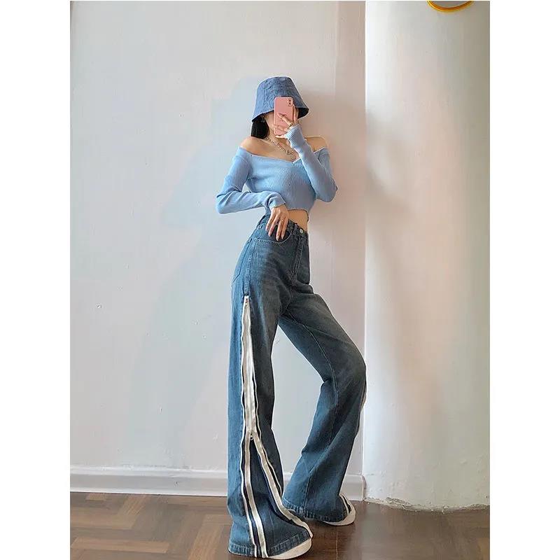 Double Side Zipper Wide-leg Jeans Women's Loose Straight-leg Mopping Flared Trousers with A Sense of Niche High Street Pants