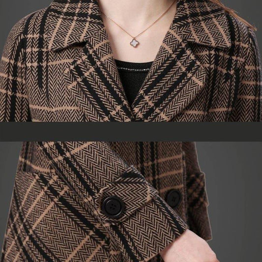 Woolen Coat Women's Mid-length Autumn and Winter Long Over-the-knee Thickened Warm Houndstooth Plaid Woolen Coat