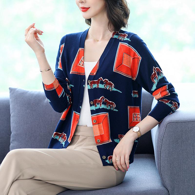 Autumn Winter Ladies Wool Cardigan  Single-breasted 3D Printing Cardigan Coat