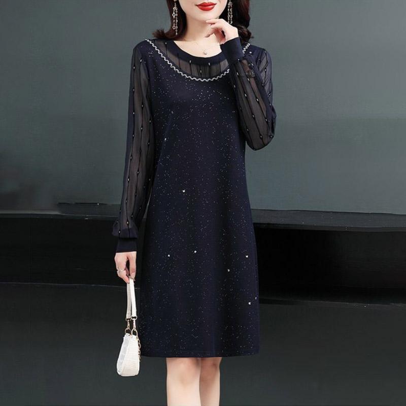 Elegant Women's Party Dress Mesh Long Sleeve A-Line Dress Beading Long Sleeve Dress Spring Tunic Neck Straight Dress