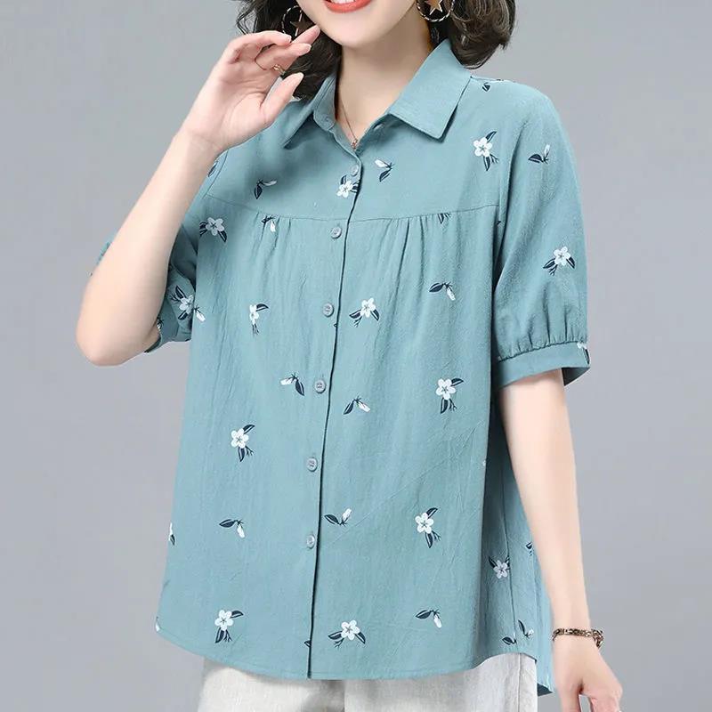 Pure Cotton Large Size Shirt Women's Loose Western Style Sleeve T-shirt Summer Middle-aged Mother's Top