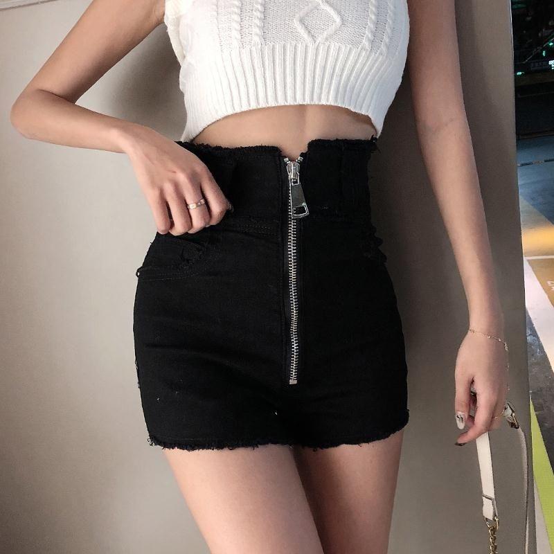 WTEMPO Long Zipper High Waist Denim Shorts Women Loose Spring and Summer Casual Shorts