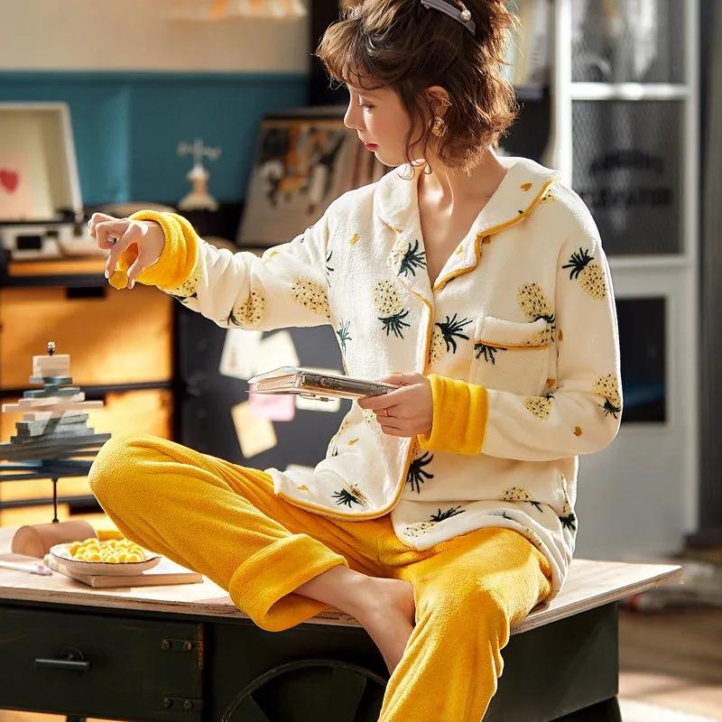 Coral Fleece Pajamas Women's Flannel Pyjamas Plus Size Velvet Thick Sleepwear Autumn Winter Warm Home Wear Suits Tops Pants Sets Long Sleeve Outwear