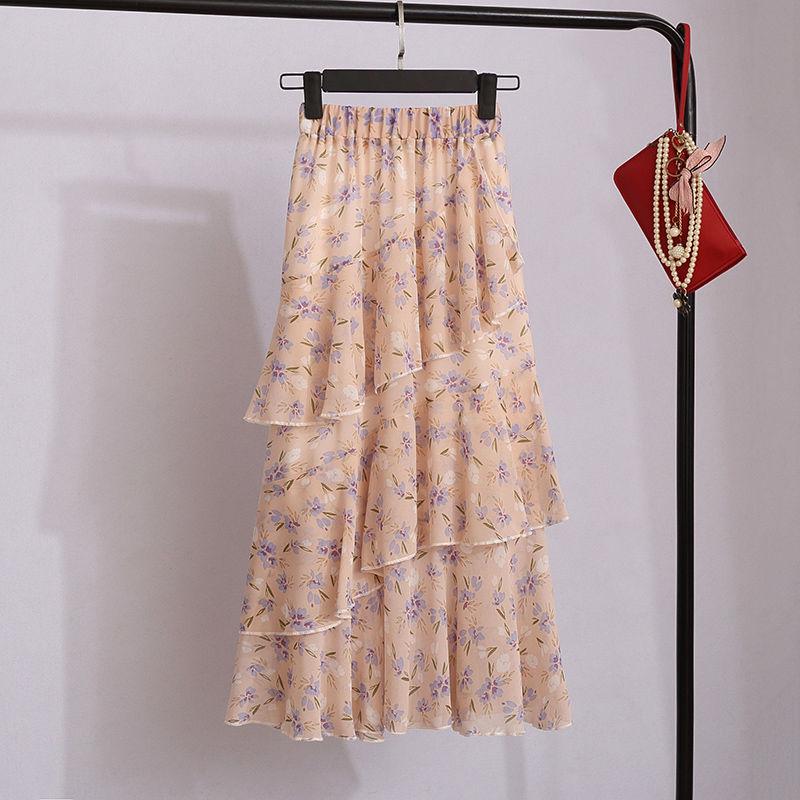 Elegant Floral Print Chiffon Skirts Women Summer A Line Pink Streetwear High Waist Ladies Midi Skirt