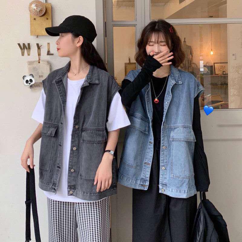 Solid Color Women's Denim Vest Sleeveless Spring and Summer Loose Casual Coat Big Pocket