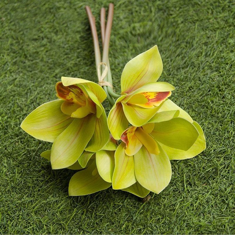 Simulation Bouquet 4 Heads Hand Pierced Feel Cymbidium Artificial Flowers Home Decoration Flower Vase Flower Arrangement