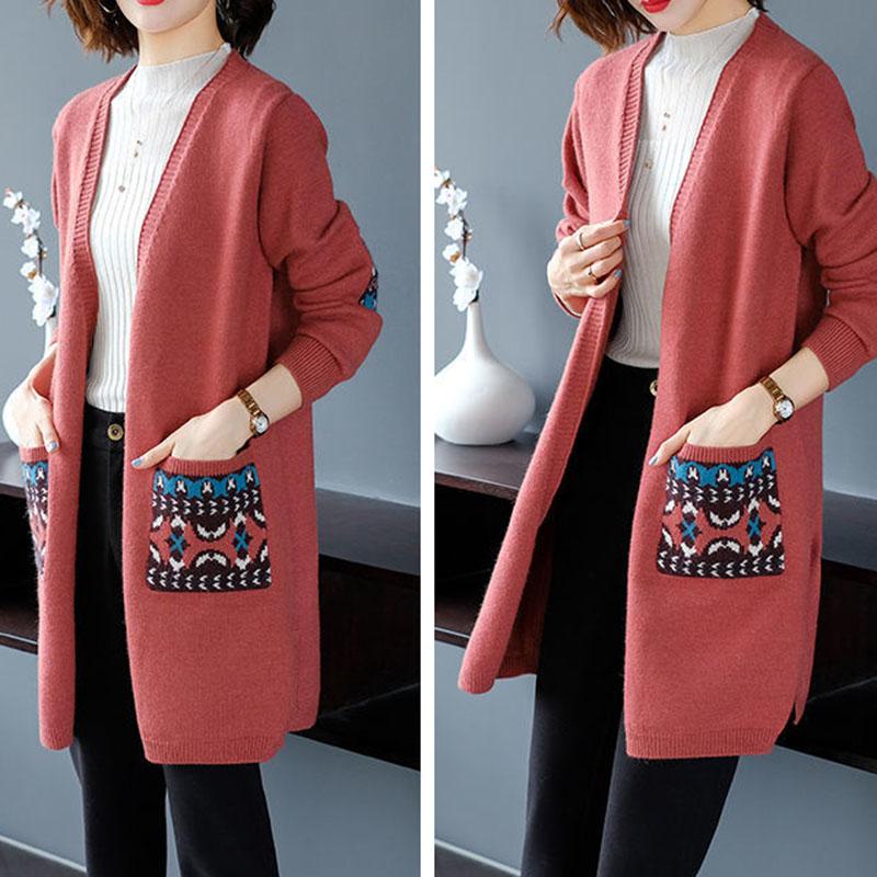 Spring and Autumn Mid-length Knitted Sweater Cardigan Loose All-match Jacket Simple Embroidered Female Jacket