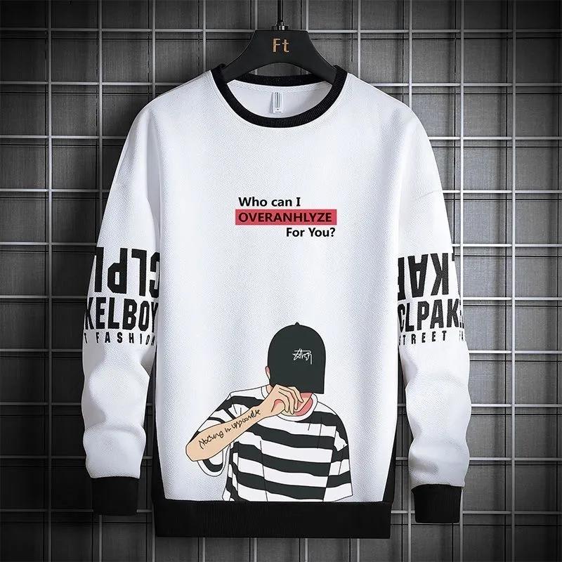 Spring and Autumn Men's Round Neck Sweater Youth Bottoming Shirt Middle School Student Shirt Cartoon Printing Trend Long-sleeved T-shirt Men