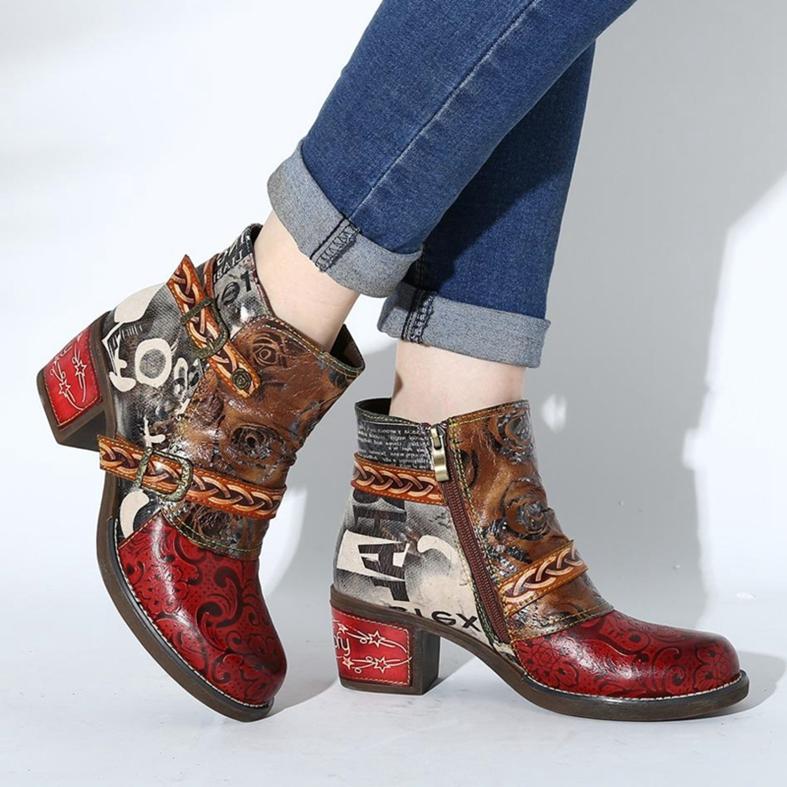 Autumn Winter Women Round Toe Boots Snake Printing Zipper Footwear Ethnic Leather Martin Boots