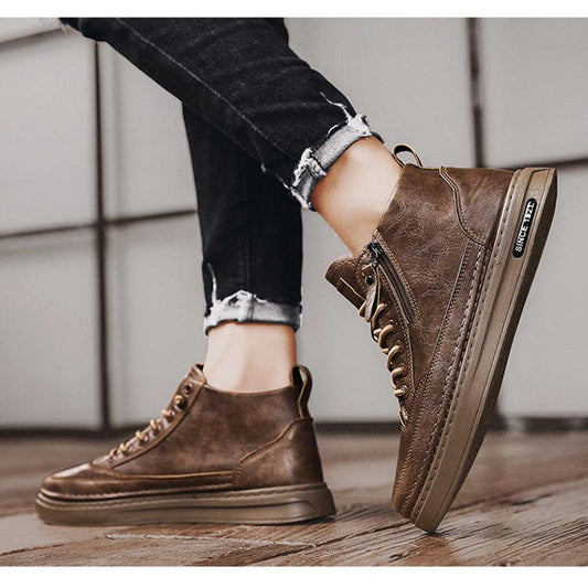 Spring Men's Shoes High Top Casual Leather Shoes Men's Work Waterproof Skid Plate Shoes All Match Sneakers Breathable Soft Sole Zipper Shoes