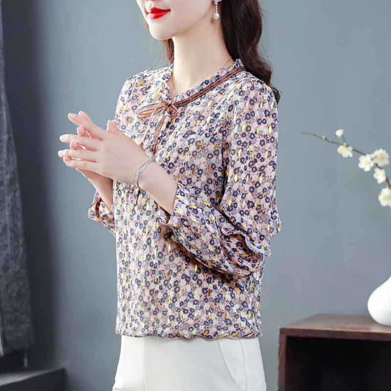 Floral High-end Chiffon Shirt Top Women's Large Size Small Shirt Fashion Temperament Long Sleeves