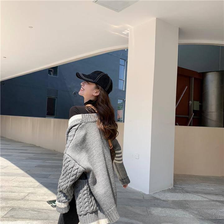 Pofulove Women's Autumn Winter Knit Cardigan Jacket Women Loose Students V-neck Cardigan Sweater