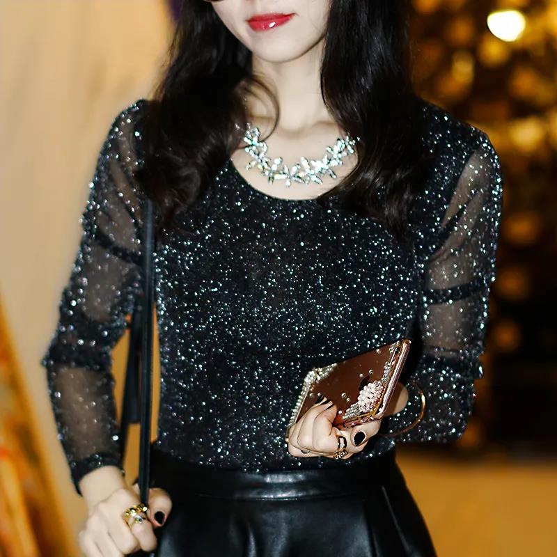 Party Fashion Wild Shiny Gold and Silver Mesh Yarn Round Neck Shirt Blouses T Shirts