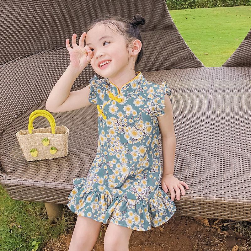 Spring and Summer Girls, Small and Medium-sized Children Western Style Floral Lotus Leaf Princess Dress Flying Sleeve Cheongsam Dress One-piece Skirt