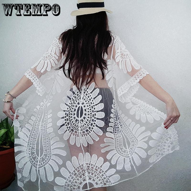 Perspective Hollow Blouse Women Cardigan Long Sleeved Female Summer Beach Loose Casual Soft Dress