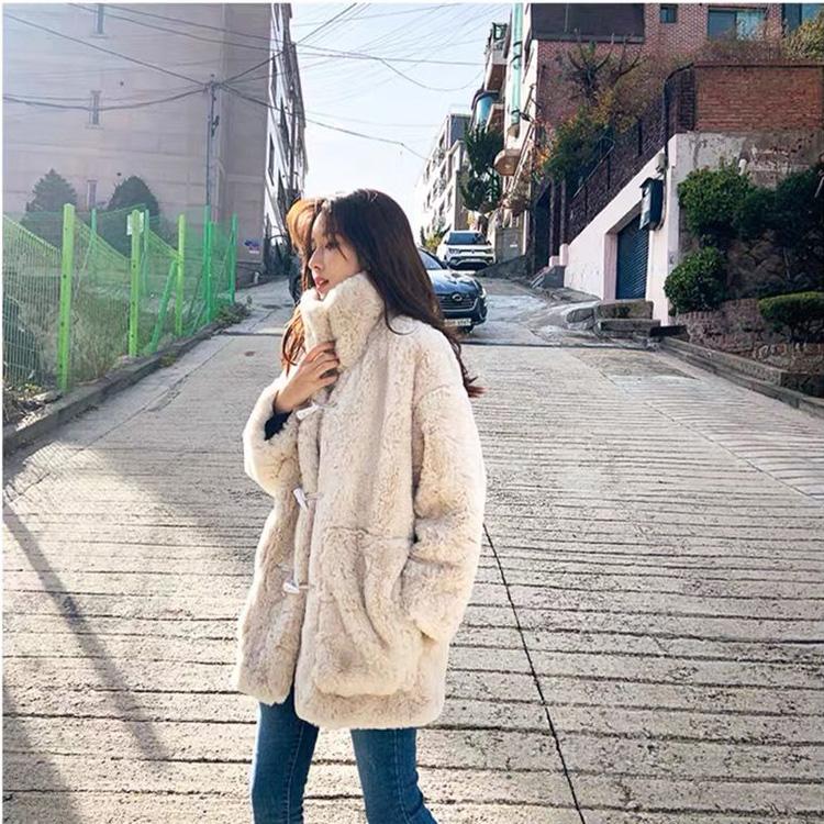 Winter Lamb Velvet Fur Coat Female Stand-up Collar Mid-length Lazy Style Horn Button Imitation Rex Rabbit Fur Coat