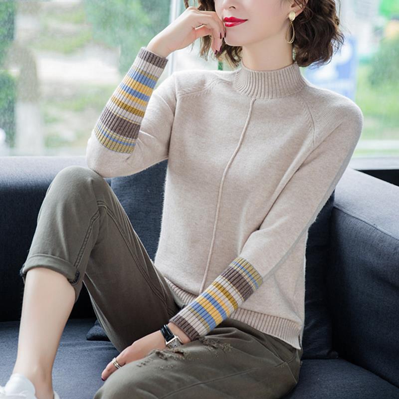 Plus velvet half-high collar sweater women's long-sleeved bottoming shirt fashion striped sweater