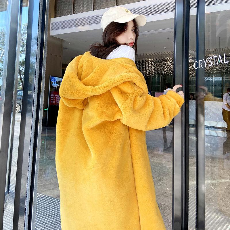 Oversized Winter Warm Hooded Large Size Long Solid Color Faux Fur Coat Casual Long Sleeve Women Fur Jacket Outwear