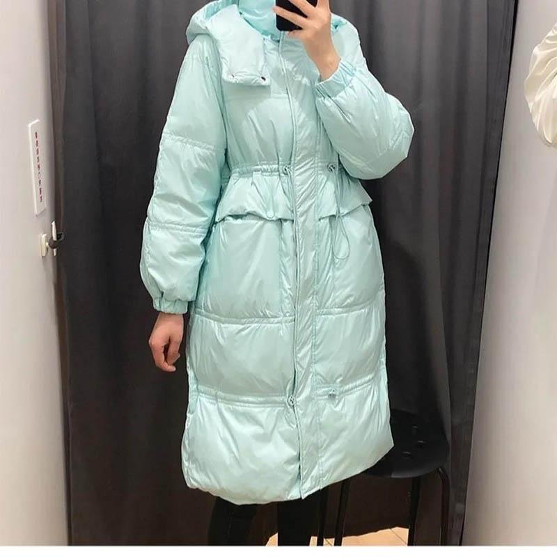 Women's Down Jacket Over-the-knee White Duck Down Mid-length Padded Waist Hooded Jacket