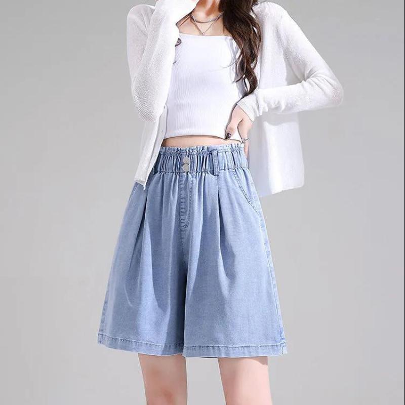 Tencel Denim Shorts Female Summer A-line High Waist Loose Ice Silk Straight Pants Wide-leg Five-point Pants