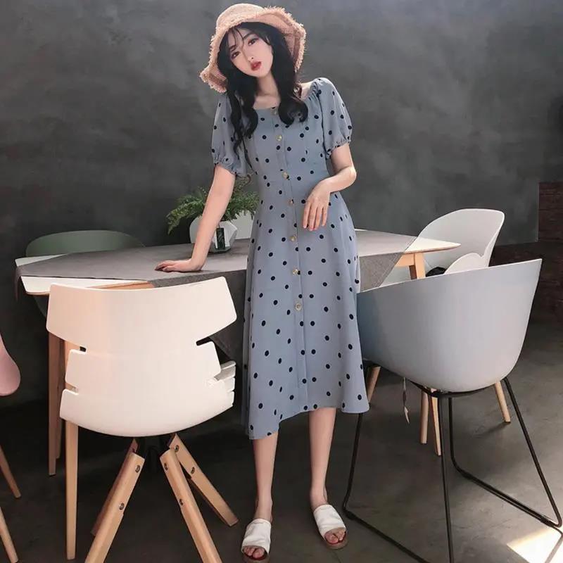 Chiffon Polka Dot Dress Women's Short  Sleeve Square Neck Daily Dating Party Office Wear A-line Sun-dress