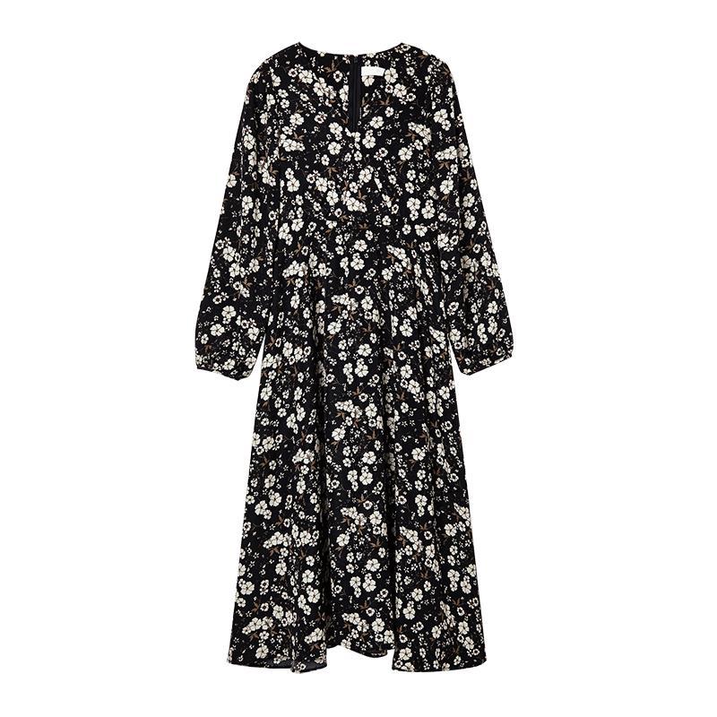 French Temperament Retro V-neck Floral Skirt Female Spring Summer Waist Thinner Over The Knee Chiffon Dress