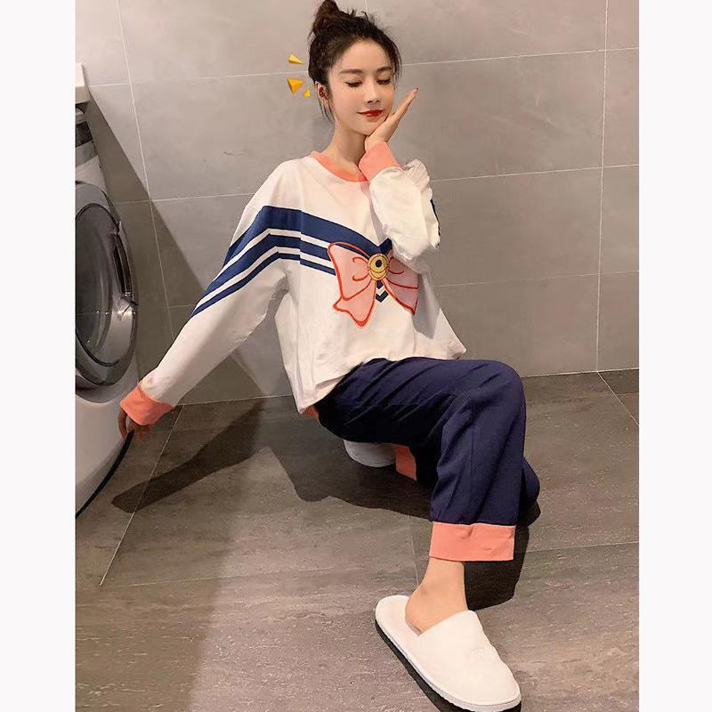 Spring and Autumn Women's Pajamas Set Cute Bow Printed Pajamas Set Plus Size Long Sleeves Outer Wear Casual Home Wear Two-Piece Set