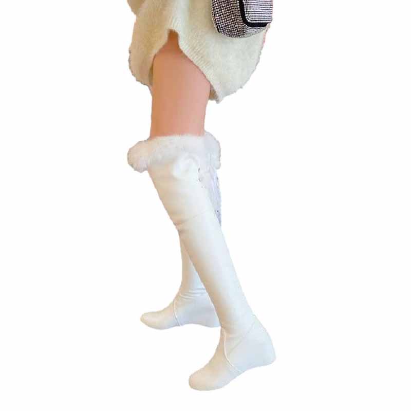 Inner Height Over The Knee Boots Women's Autumn and Winter Snow Boots White Elasticity Was Thin High Boots Wedge Heel Large Size Leather Boots