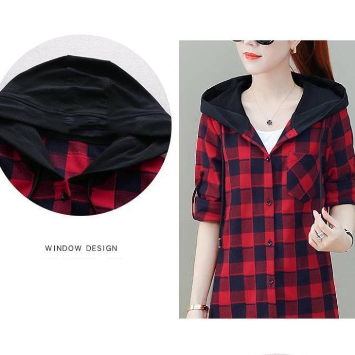 Boutique Plaid Jacket Women Hooded Windbreaker Trendy Slim Thin Coat Casual Comfort Top for Youth