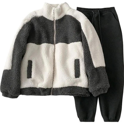 Suit Women's Autumn and Winter Artificial Lamb Wool Coat + Woolen Trousers Warm and Loose Two-piece Ladies Leisure Suit