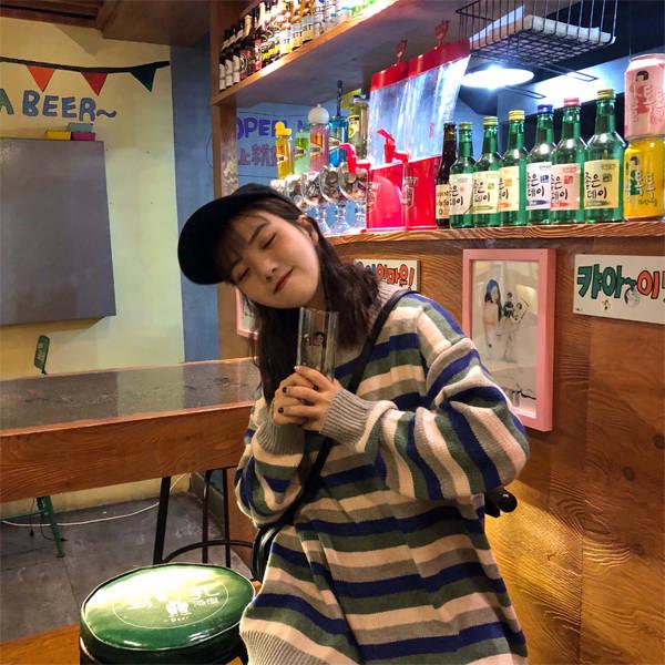 Colorblock striped round neck sweater female student autumn and winter lazy wind loose sweater