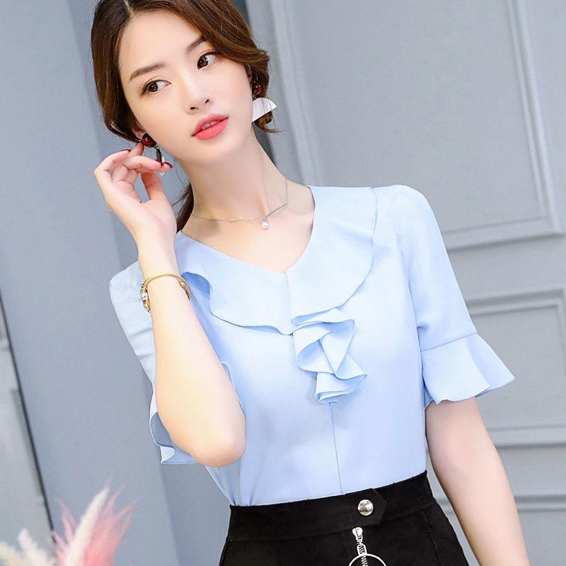 Chiffon Shirt Women's Short-sleeved V-neck Slim Slimming Casual Large Size Trumpet Sleeve Top Chiffon Temperament Shirt Easy To Wear Shirt