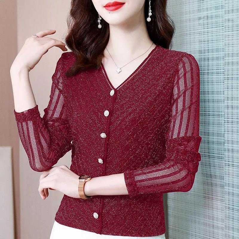 Women's Spring and Autumn Large Size Long Sleeve Bottoming Shirt Solid Color Lace V-Neck Slim Top
