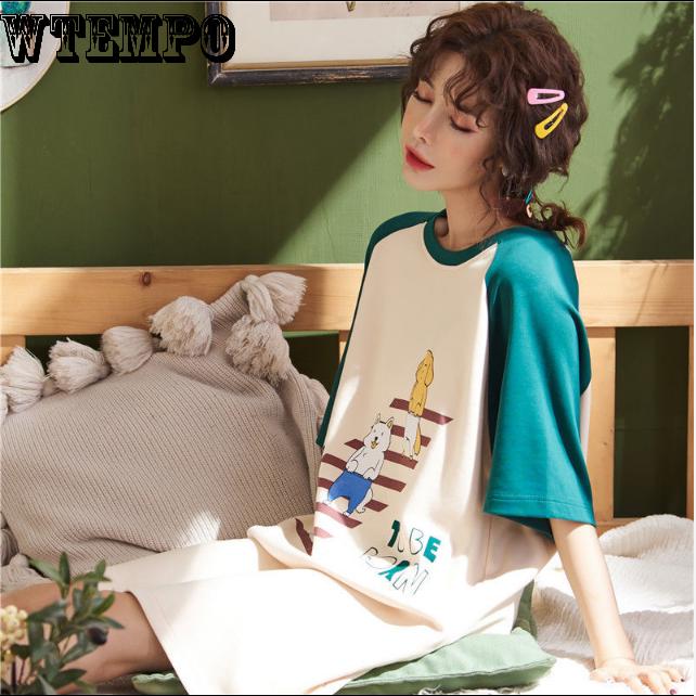 Nightgown Female Summer Cotton Short Sleeve Lovely Nightgown Middle Skirt Summer Cartoon Loose Dress