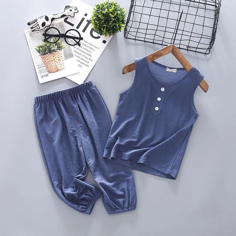 Children's Vest Suit Ice Silk Cotton Silk Boys and Girls Sleeveless T-shirt Casual Pants Two-piece Baby Summer Clothes