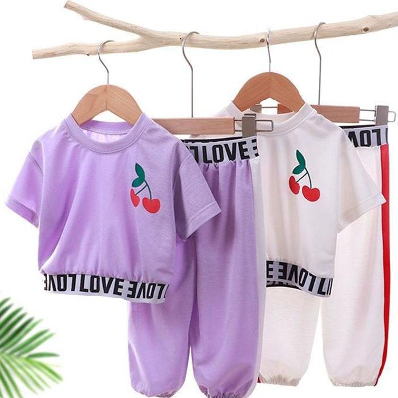 2PCS Children Clothing Set Spring Summer Girls Suits Printing Letter Cherry Short Sleeve Tops + Pants Clothing Set