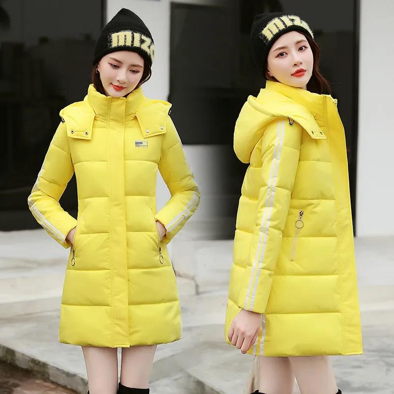 Women Winter Thickening Coats Hooded Jackets Stripes Plus Size Warm Mid-length Slim Padded Jacket Medium Long Bright Color Girls Student Coat