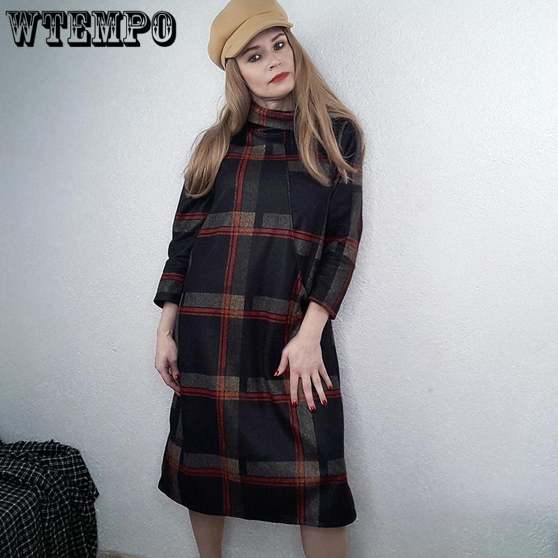 Plaid dress Long Sleeve Cotton Woolen Plus Size Vintage Women Casual Loose Autumn Winter Dress Elegant Clothes