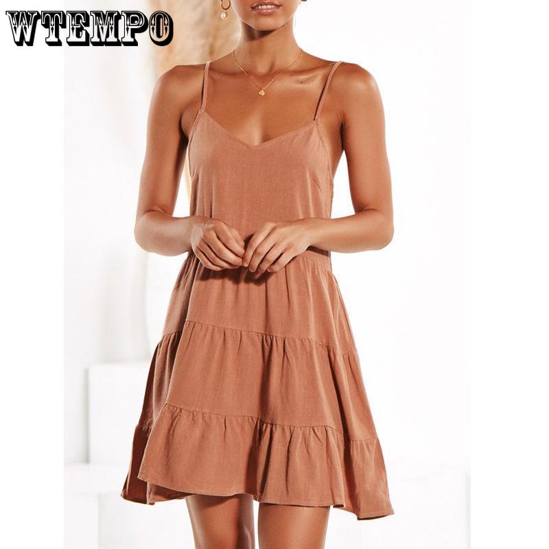 Women's Summer V-Neck Sleeveless Beach Pleated Loose Casual T-Shirt Dress