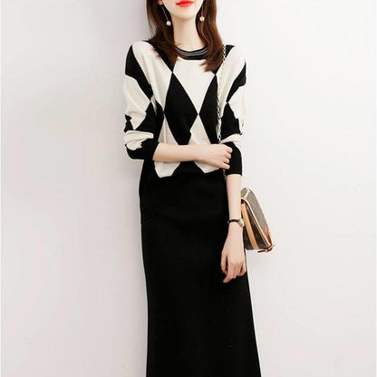 Women's Diamond Plaid Color Block Sweater Loose Casual Pullover Sweater O-neck Bottoming Sweater Outer Wear Autumn Winter Tops