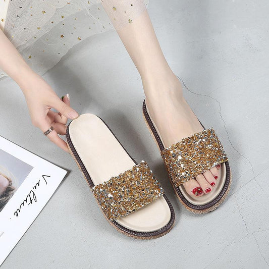 Slippers Women’s Summer Fashion Outer Wear Sponge Cake Thick Bottom Flip Flops Sequins Sandals Flat Sandals Beach Shoes