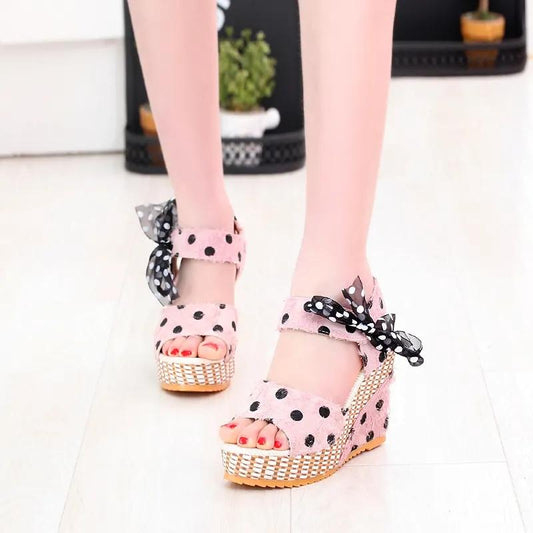 Women's Summer Wave Point Bow Ribbon Platform Sandals Thick Bottom Waterproof Wedge Open Toe Shoes Mesh Fish Mouth Outer Wear All-match Sandals