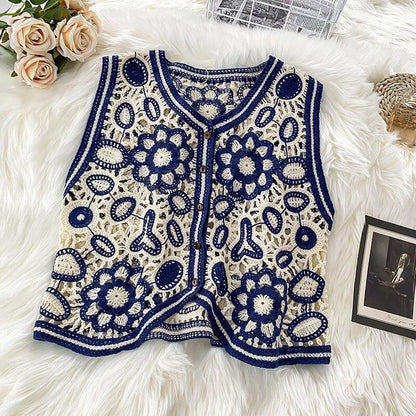 Embroidery Hollow Design Retro Style V-neck Sleeveless Waistcoat  Women's Spring and Summer