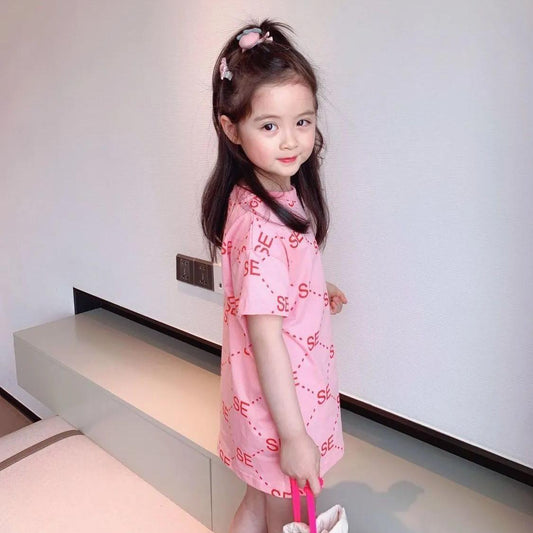 Children Dress Girls' Summer Printed Letter Short Sleeve T shirt Dress Korean Sweet Casual Dress Straight Dress