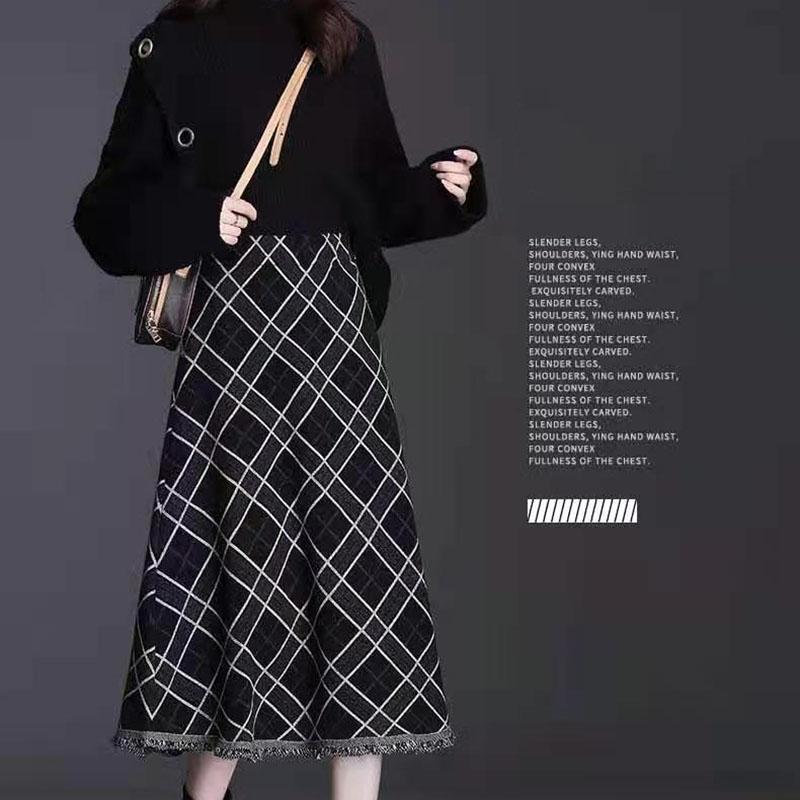 Ladies Long Knitted Skirt Autumn Winter Women's Fringed Plaid Umbrella Skirt High Waist A-line Big Swing Skirt