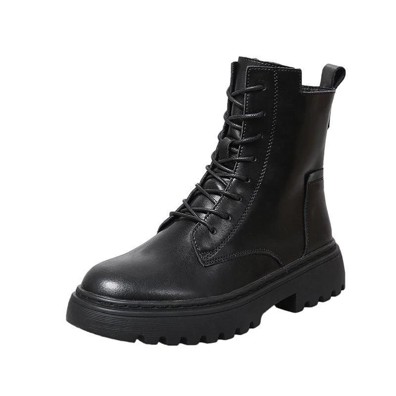 Black Boots Women Winter Fur Leather Boots Ankle Booties Spring Fall Shoes Goth Punk Shoes Warm Velvet Lace Up Footwear