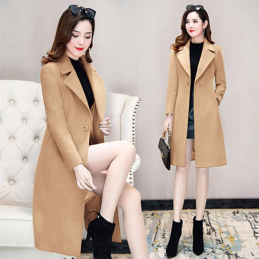 Female Overcoat  Autumn Winter Solied Long Sleeve Long Christmas Clothes Blends Woolen Jacket