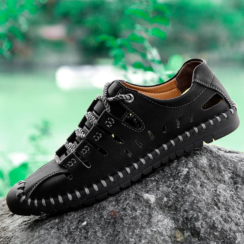 Summer Men's Leather Sandals Business Casual Outdoor Beach Roman Shoes Solid Color Design