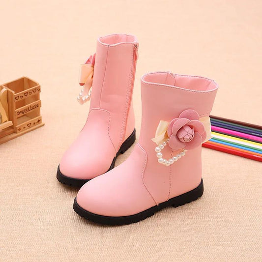 Girls' Boots Autumn and Winter Solid Color Flower Martin Boots Plush Warm Pearls Princess Snow Boots