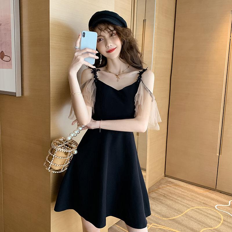 Sexy Woman V-neck Chiffon Sleeves Ruffled Sling  A-line dress Sleeveless Hollow Out Bare Shoulders Nightclub Bar Party